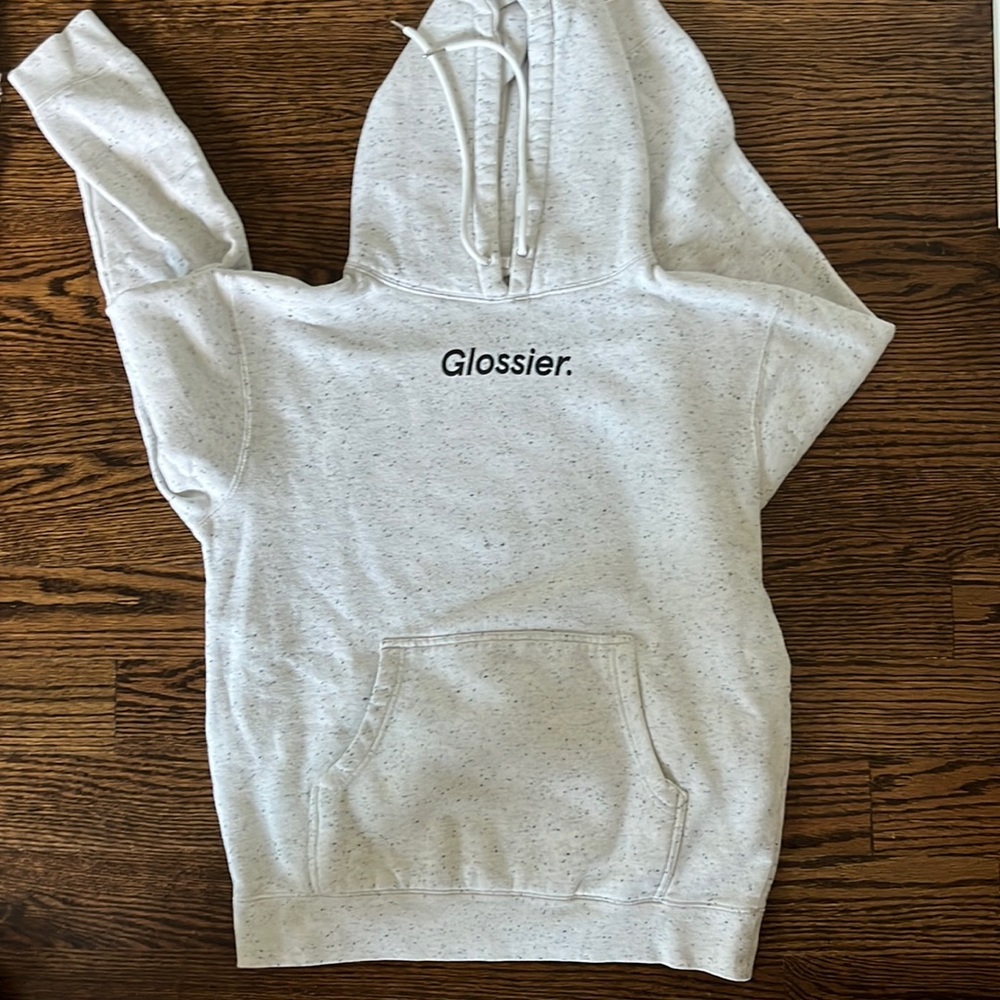 Glossier limited edition logo hoodie, size small, white with black dots